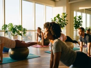 Diverse Büroangestellte praktizieren Yoga zusammen in hellem Wellness-Raum mit natürlichem Licht und Pflanzen