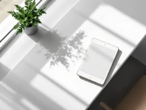 Moderner Büroschreibtisch mit grüner Pflanze und Tablet mit Wellness-Icons bei natürlichem Licht