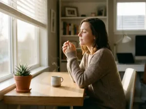 Büroarbeiter meditiert ruhig am organisierten Schreibtisch mit Sukkulente und Kaffeetasse bei warmem Tageslicht