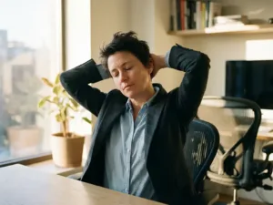 Büroangestellte macht Nackendehnung am Schreibtisch, Augen geschlossen, entspannter Gesichtsausdruck, warmes Tageslicht