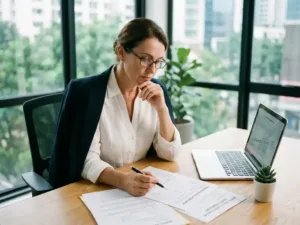 Professionelle Frau überprüft psychologische Bewertungsformulare am modernen Büroschreibtisch mit Laptop und Pflanzen
