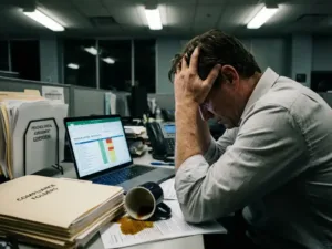 Gestresste Führungskraft mit Kopf in Händen am Büroschreibtisch, umgeben von Compliance-Dokumenten und umgestürzter Kaffeetasse
