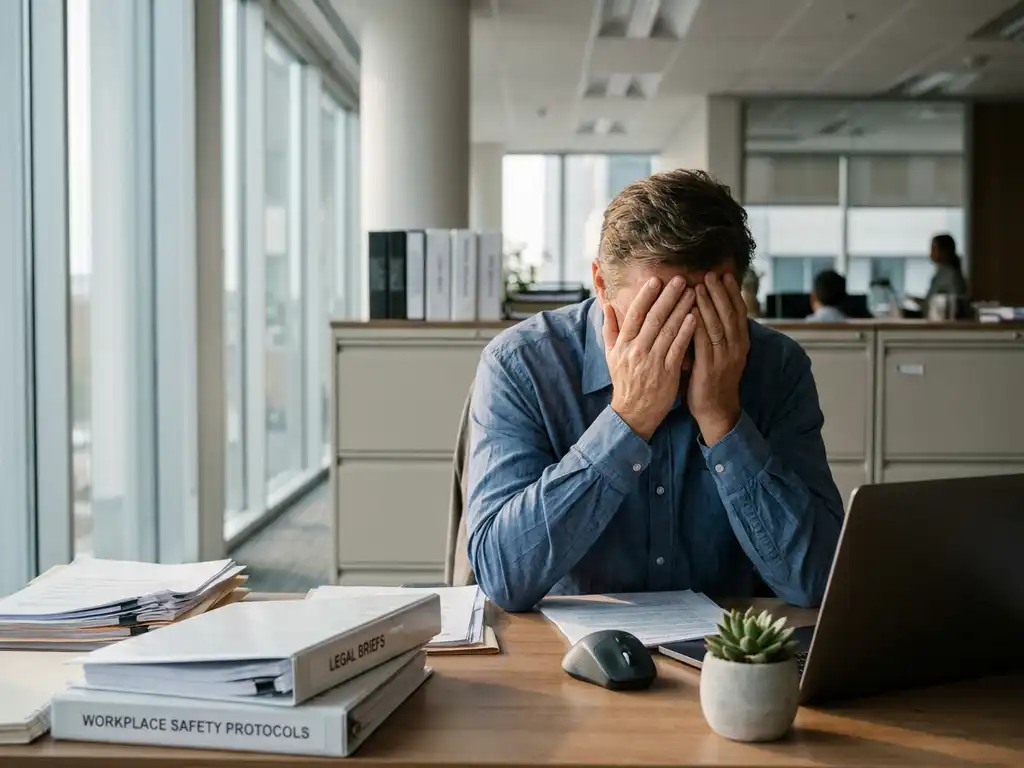 Gestresster Büroangestellter mit Kopf in den Händen am modernen Schreibtisch, umgeben von Rechtsdokumenten und Arbeitsschutzrichtlinien