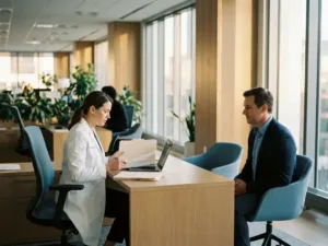 Arbeitsmediziner im weißen Kittel führt Gesundheitsbewertung in modernem Büro durch, prüft Dokumente am Schreibtisch