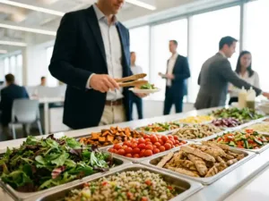 Moderne Firmenkantine mit bunter Salatbar voller frischer Gemüse, gegrilltem Hähnchen und Quinoa in Edelstahlbehältern