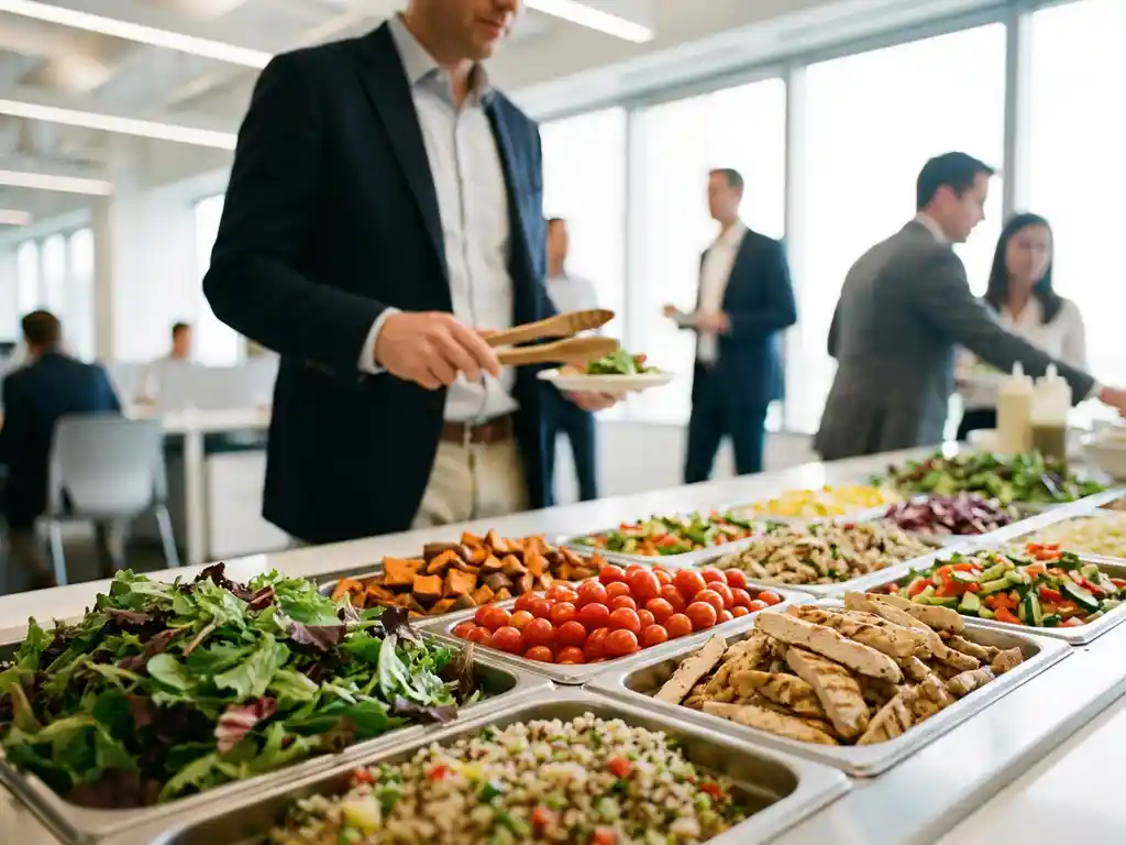 Moderne Firmenkantine mit bunter Salatbar voller frischer Gemüse, gegrilltem Hähnchen und Quinoa in Edelstahlbehältern