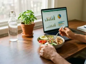 Gesunde Quinoa-Bowl mit Gemüse und Hähnchen auf Holzschreibtisch neben Laptop mit Produktivitätscharts