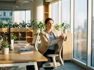 Büroangestellte führt sanfte Wirbelsäulendrehung im ergonomischen Stuhl aus, Hände am Rückenlehne, warmes Tageslicht im modernen Arbeitsplatz