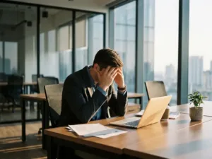 Junger Geschäftsmann in Anzug sitzt nachdenklich am modernen Büroschreibtisch, Kopf in Händen gestützt, warmes Tageslicht
