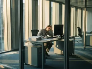 Müder Büroangestellter sitzt erschöpft am sauberen Schreibtisch vor leerem Computerbildschirm, umgeben von Papierstapeln und kaltem Kaffee