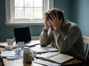 Person mit Kopf in Händen am unordentlichen Heimbüro-Schreibtisch, leere Kaffeetassen und Papiere, weiches Fensterlicht