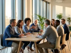 Diverse Fachkräfte diskutieren gemeinsam am modernen Konferenztisch in hellem Büroraum mit natürlichem Licht