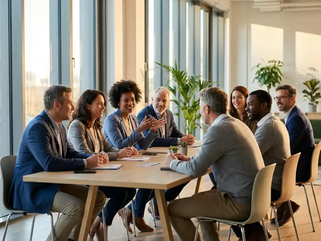 Diverse Fachkräfte diskutieren gemeinsam am modernen Konferenztisch in hellem Büroraum mit natürlichem Licht