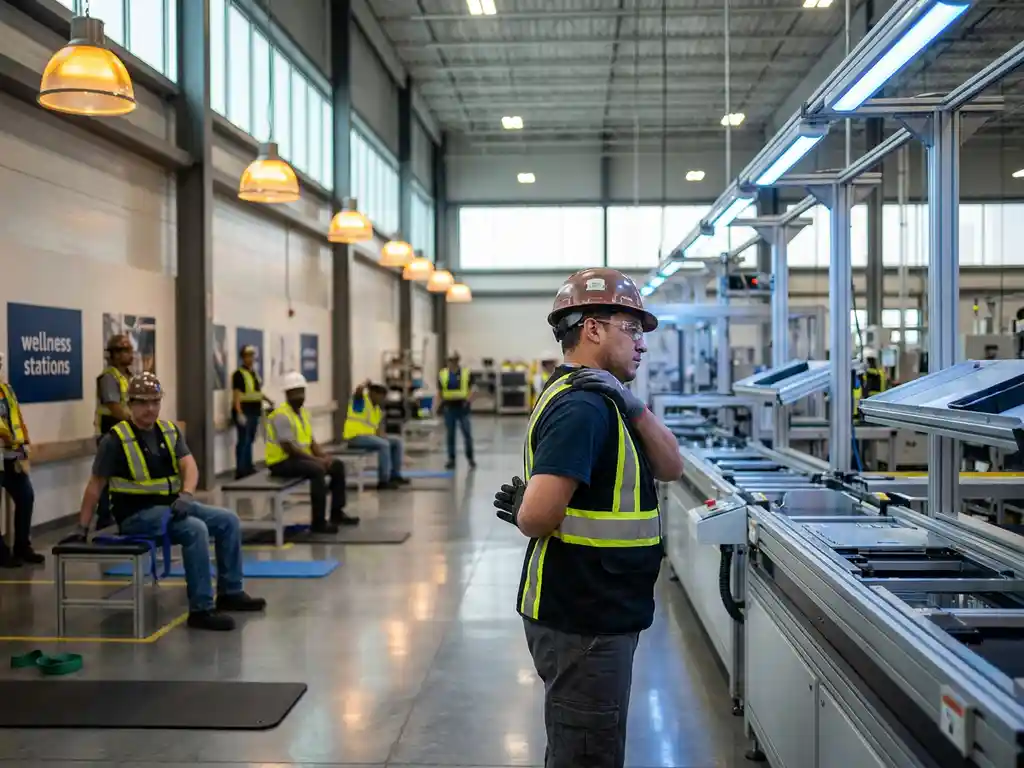Fabrikarbeiter in Schutzausrüstung macht ergonomische Dehnübungen neben moderner Produktionslinie während Wellness-Pause