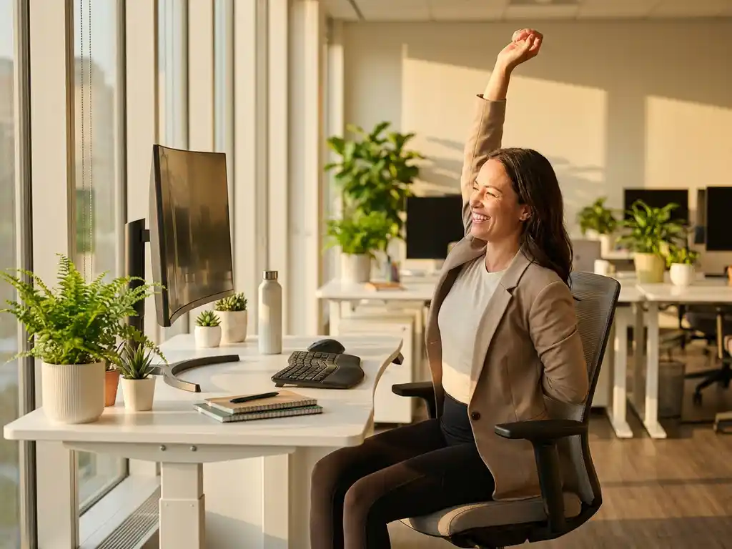 Gesunde Mitarbeiterin streckt sich selbstbewusst an ergonomischem Schreibtisch bei natürlichem Sonnenlicht im modernen Büro