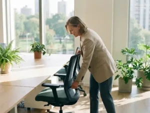 Professionelle Frau in den Fünfzigern stellt ergonomischen Bürostuhl in modernem Arbeitsplatz mit Holzschreibtisch ein