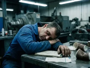 Erschöpfter Fabrikarbeiter in blauer Arbeitskleidung lehnt über Metallwerkbank während Nachtschicht