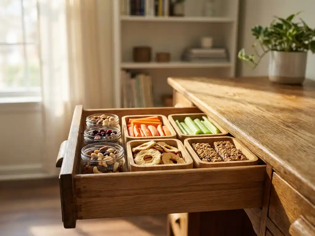 Holzschreibtisch-Schublade mit sieben gesunden Bürosnacks in Glasbehältern und Bambusboxen, Nüsse, Trockenfrüchte und Gemüsesticks