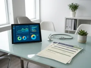 Modernes Tablet mit bunten Gesundheitsanalysen auf Glasschreibtisch neben Stethoskop und Wellness-Formularen