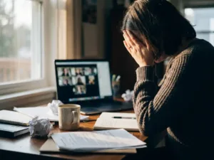Person im Homeoffice mit Kopf in Händen gestützt, Laptop mit Videoanruf im Hintergrund, warmes Fensterlicht