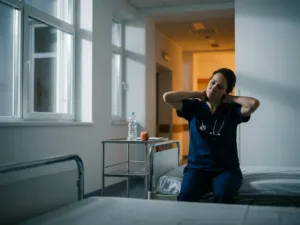Müde Krankenschwester in Kasack streckt Nacken und Schultern am Krankenhausbett während Nachtschicht, Mondlicht durch Fenster