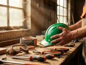 Handwerker hält grünen Schutzhelm über ergonomischen Werkzeugen auf Holzwerkbank, Schutzbrille und Rückengurt sichtbar