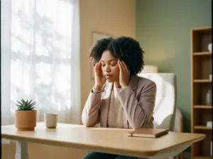 Junge Berufstätige mit Händen an den Schläfen in nachdenklicher Pose am modernen Büroschreibtisch mit Sukkulente