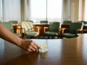Hand legt weiße Lilie auf Holzkonferenztisch in leerem Besprechungsraum mit Stühlen im Kreis