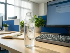 Glaswasserflasche mit Kondensationstropfen auf modernem Büroschreibtisch neben Tastatur und Notizblock im Sonnenlicht