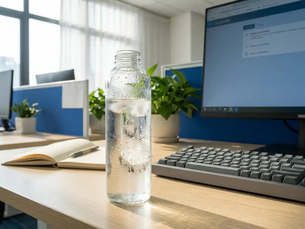 Glaswasserflasche mit Kondensationstropfen auf modernem Büroschreibtisch neben Tastatur und Notizblock im Sonnenlicht