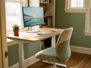 Höhenverstellbarer Stehschreibtisch in ergonomischer Position mit Monitor auf Augenhöhe, Lendenstützstuhl und kleiner Topfpflanze im Tageslicht.