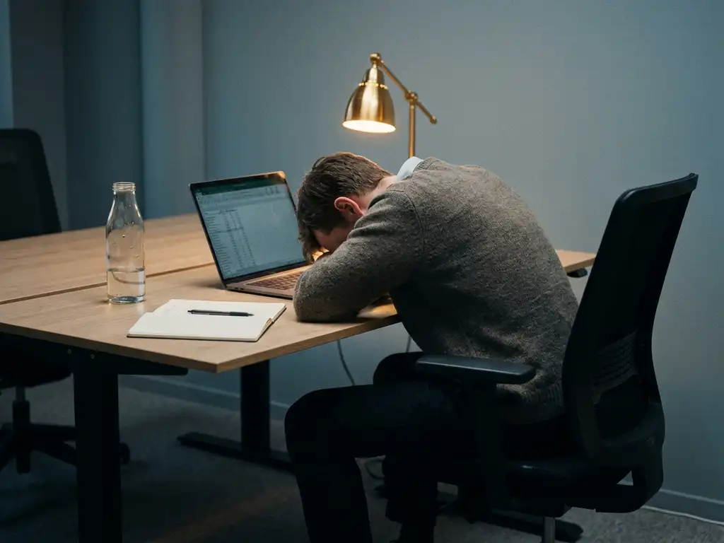Erschöpfter Büroangestellter schläft am modernen Schreibtisch ein, Schultern gebeugt, Kopf zur Laptop-Tastatur geneigt, warmes Lampenlicht.