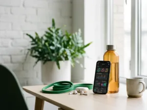 Smartphone mit Fitness-Tracking-Dashboard auf modernem Schreibtisch, daneben Wasserflasche, Widerstandsband und kabellose Ohrhörer.