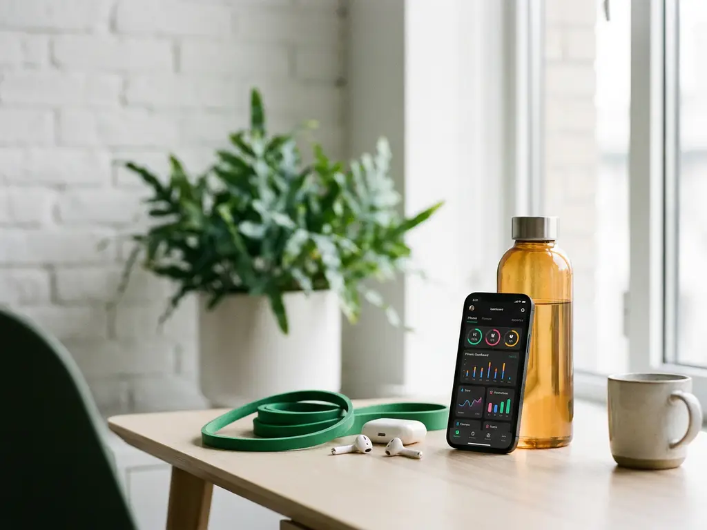 Smartphone mit Fitness-Tracking-Dashboard auf modernem Schreibtisch, daneben Wasserflasche, Widerstandsband und kabellose Ohrhörer.