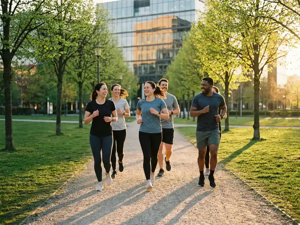 Kollegen in Sportkleidung joggen lachend durch einen sonnigen Stadtpark, im Hintergrund ein modernes Glasgebäude.