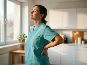 Krankenpflegerin in Scrubs dehnt stehend den Rücken in hellem Krankenhausaufenthaltsraum, Hände auf Lendenwirbelbereich, Augen geschlossen.