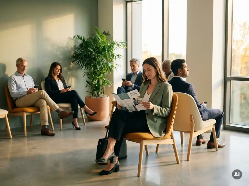 Bewerber in modernem Wartezimmer, eine Person liest Broschüre über Gesundheitsleistungen, Pflanzen und Panoramafenster im Hintergrund.