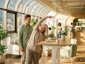 Älterer Mitarbeiter mit silbergrauem Haar führt ergonomische Dehnübung am Stehschreibtisch durch, unterstützt von Kollegen im hellen Büro.