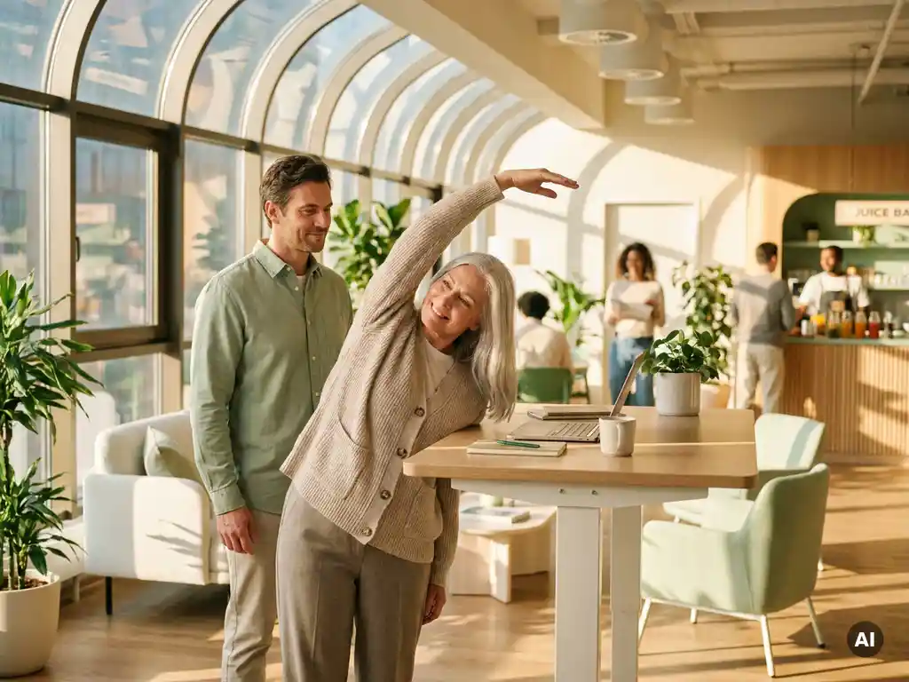Älterer Mitarbeiter mit silbergrauem Haar führt ergonomische Dehnübung am Stehschreibtisch durch, unterstützt von Kollegen im hellen Büro.