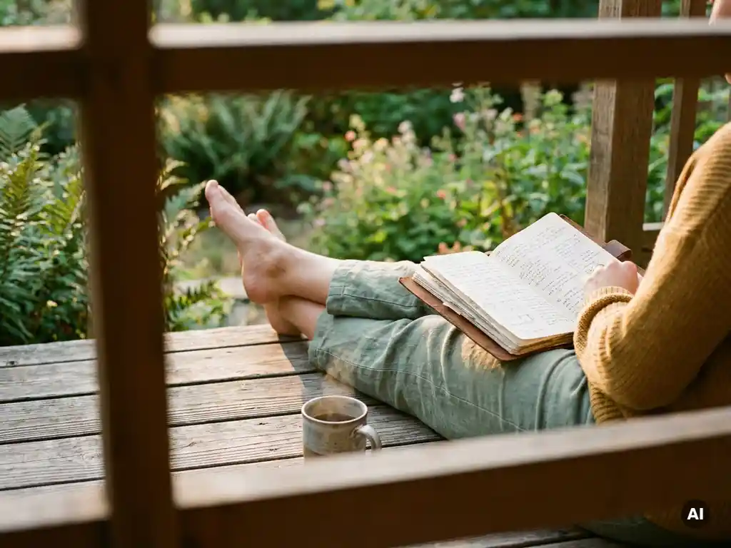 Barfüßige Person auf sonniger Holzterrasse mit dampfendem Kaffee und Wellness-Tagebuch, üppiger Garten im Hintergrund.