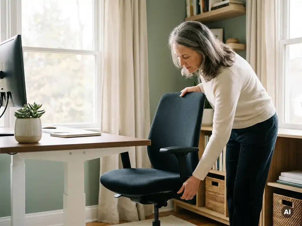 Berufstätige Person stellt ergonomischen Bürostuhl am höhenverstellbaren Schreibtisch ein, natürliches Licht, Zimmerpflanze.
