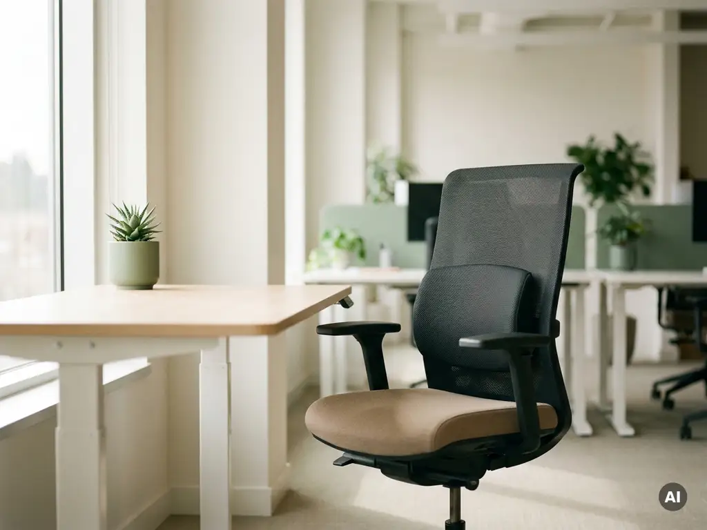Ergonomischer Bürostuhl mit Lendenwirbelstütze an modernem Schreibtisch, natürliches Seitenlicht, grüne Pflanze im Hintergrund.