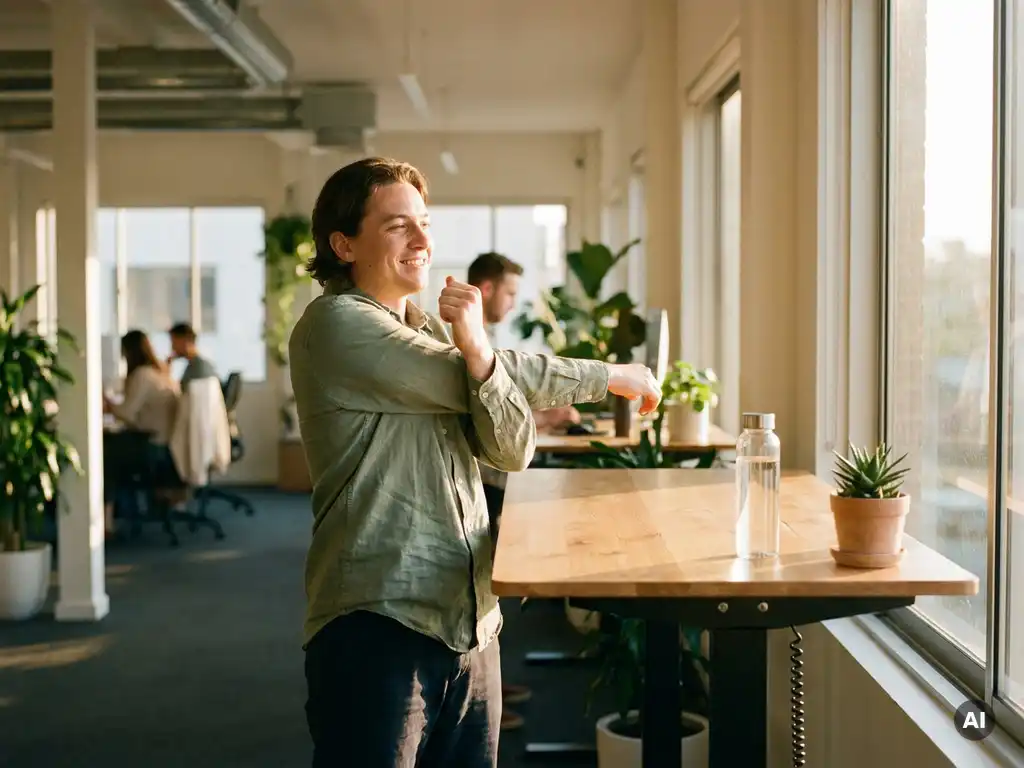 Fachkraft in Smart-Casual-Kleidung streckt sich an einem ergonomischen Stehpult im modernen Büro, Morgenlicht durch Panoramafenster.