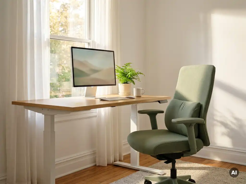 Höhenverstellbarer Schreibtisch mit ergonomischem Stuhl im hellen Homeoffice, Monitor auf Augenhöhe, kleine grüne Pflanze.