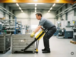 Arbeiter hebt schwere Industriekiste mit ergonomischem Hebehilfe-Gerät, Knie gebeugt, korrekte Körperhaltung in Produktionshalle.