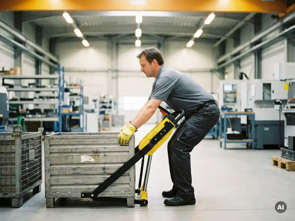Arbeiter hebt schwere Industriekiste mit ergonomischem Hebehilfe-Gerät, Knie gebeugt, korrekte Körperhaltung in Produktionshalle.