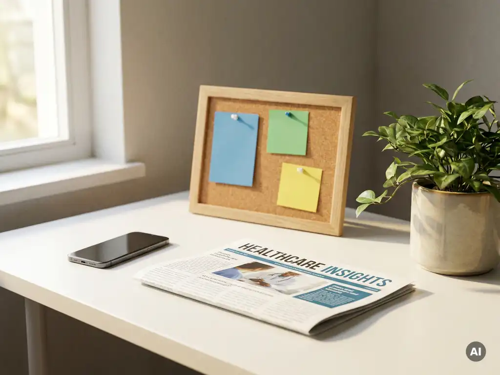 Weißer Schreibtisch einer Gesundheitsberaterin mit Smartphone, gedrucktem Newsletter und Korkboard mit farbigen Karten, beleuchtet von warmem Tageslicht.