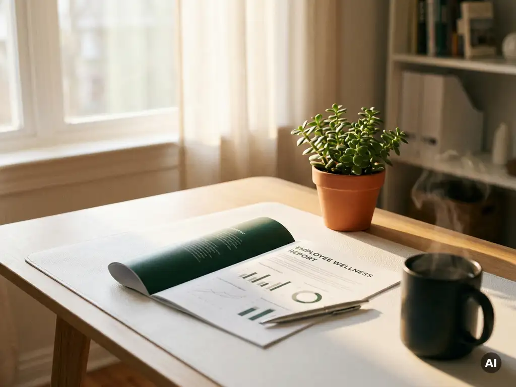 Gesundheitsberater-Schreibtisch mit ausgedrucktem Mitarbeiter-Wellnessbericht, Stift, grüner Topfpflanze und dampfender Kaffeetasse im warmen Fensterlicht.