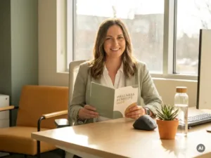 HR-Fachkraft liest Wellness-Benefits-Broschüre an modernem Büroschreibtisch mit Pflanze, Trinkflasche und ergonomischem Zubehör.