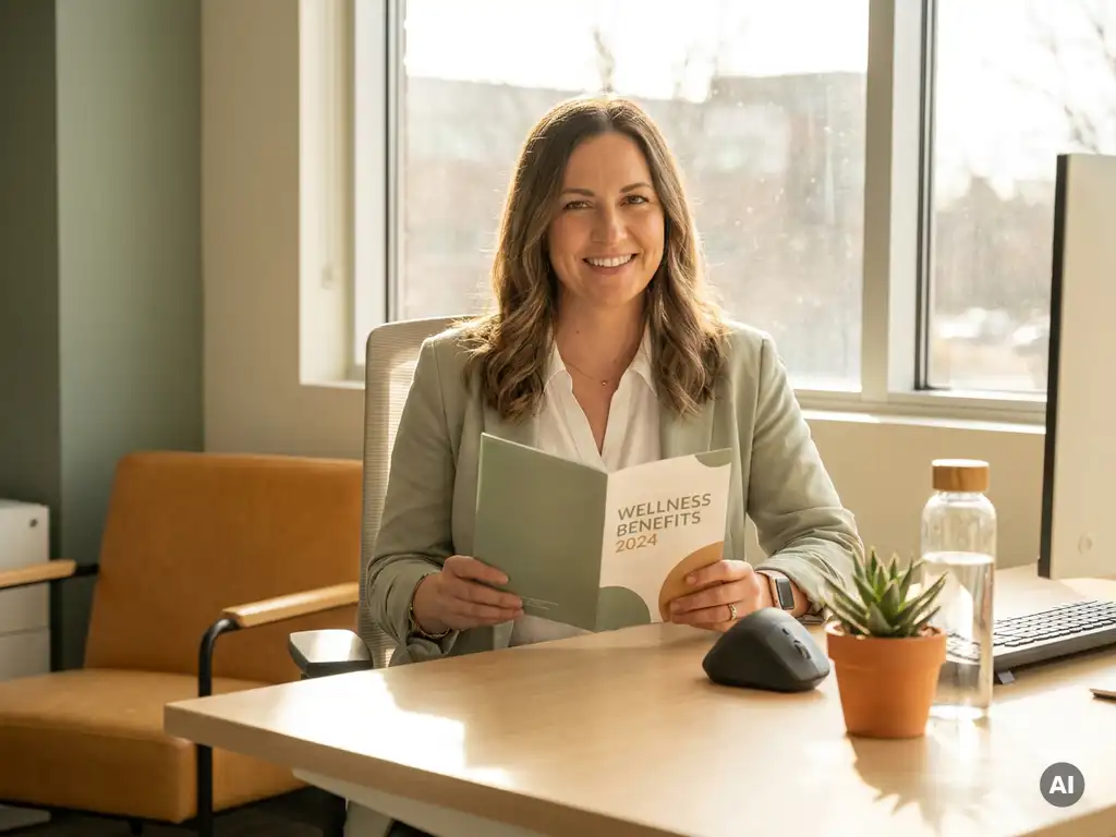 HR-Fachkraft liest Wellness-Benefits-Broschüre an modernem Büroschreibtisch mit Pflanze, Trinkflasche und ergonomischem Zubehör.